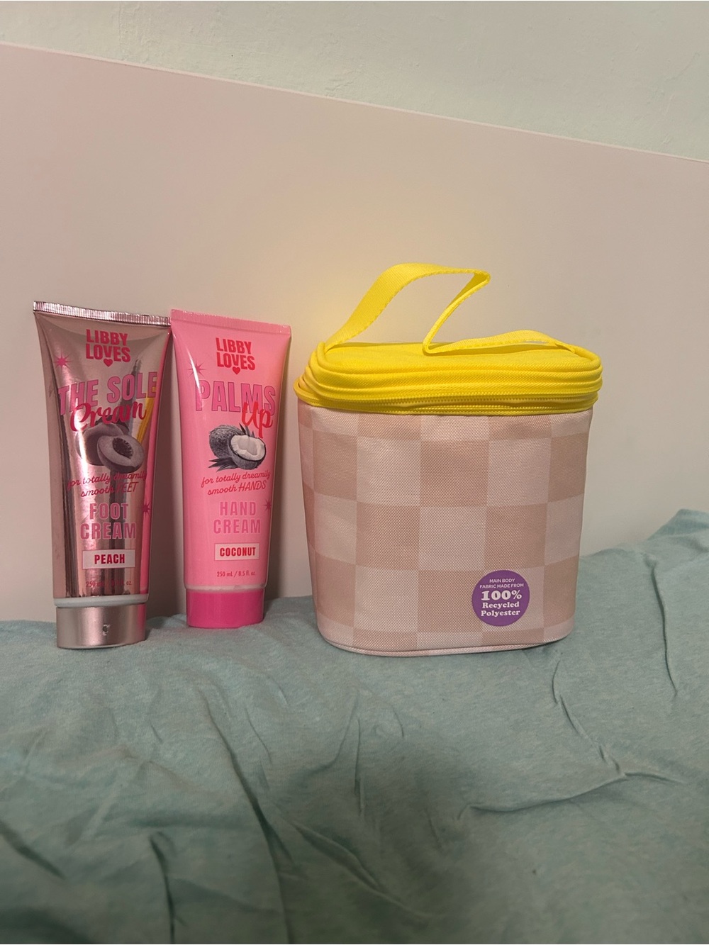 Peach Foot Cream & Coconut Hand Cream Set with Pink and Yellow Check Pouch